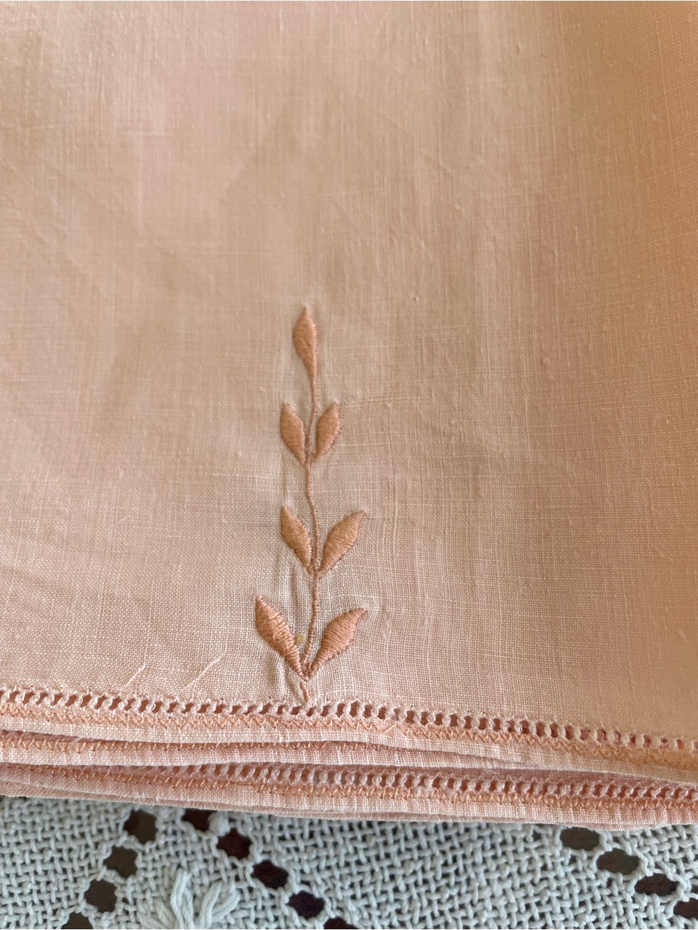 Vintage Mid Century Embroidered Leaf  Peach Linen Cotton Tablecloth - 44x44 in - Picture 3 of 10